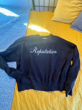 Stella Tweed Black Crewneck Sweater with 'Reputation' Script